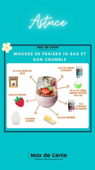 Recette de mousse de fraises IG BAS et son crumble, parfait pour un dessert doux et léger en été ! 🤗

Ce petit nuage de douceur plaira à tous vos convives et fera son petit effet à son arrivée. ☁️

Faibles en glucides, ig bas, riches en fibres et sans gluten, ces desserts frais sont à la fois gourmands et sains ! 🤩

 Nous avons ajouté un crumble aux amandes par-dessus pour amener une touche de croquant 🤤

#maxdegenie #igbas #indiceglycemiquebas #recettesaine #infographie #moussedefraises #sansgluten