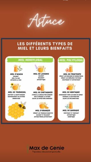 🍯Les différents types de miel et leurs bienfaits🍯

Dans tout juste 2 jours, c'est la journée mondiale des abeilles !

Ces adorables pollinisatrices nous rendent de loyaux services au quotidien, et surtout en ce moment, en plein milieu du Printemps ! 🌼

C'est notamment grâce à elles que nous pouvons déguster du miel au petit-déjeuner ou en ajouter dans nos gâteaux pour apporter une touche de douceur. 🌻

Bon à savoir :

🐝Selon l'endroit où nos amies les abeilles butinent, le miel peut être mono floral ou poly floral.

On dit d'un miel qu'il est mono floral lorsque les abeilles qui ont permis sa récolte ont butiné à 80% sur une unique variété de fleur. Ce miel est désigné par sa fleur.

-On dit au contraire qu'un miel est poly floral lorsque son nectar est issu de plusieurs espèces de végétaux. Dans ce cas, le miel est désigné par sa saison ou sa région de récolte.

🐝Tous les miels ne sont pas IG bas.

Les miels mono floraux ont un IG plus faible que les miels poly floraux.

Nous vous conseillons notamment de vous tourner vers le miel d'acacia.

Découvrez les différents types de miels et leurs bienfaits plus en détail dans notre article sur le sujet :

https://www.maxdegenie.com/conseils-et-astuces/les-differents-types-de-miel-et-leurs-bienfaits/

#maxdegenie #infographie #mielmonofloral #mielpolyfloral #igbas #alimentationsaine